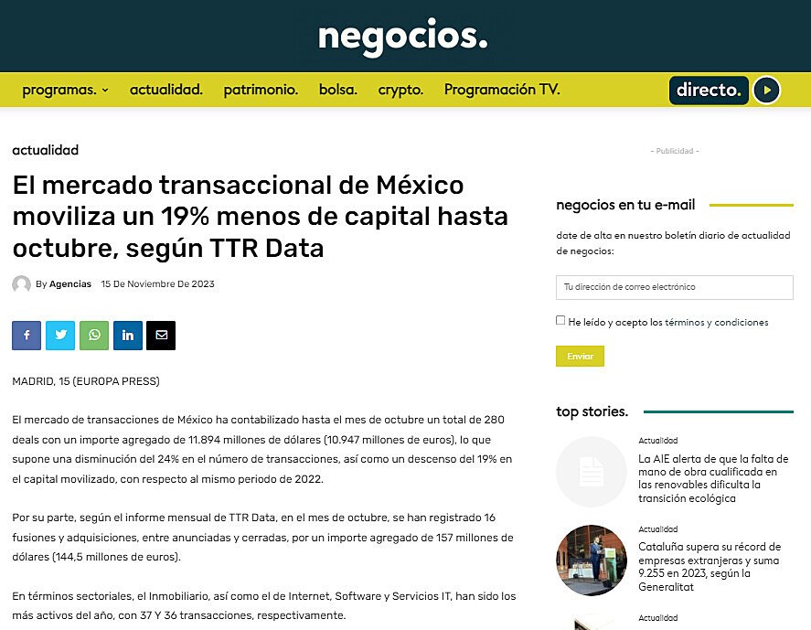 El mercado transaccional de Mxico moviliza un 19% menos de capital hasta octubre, segn TTR Data